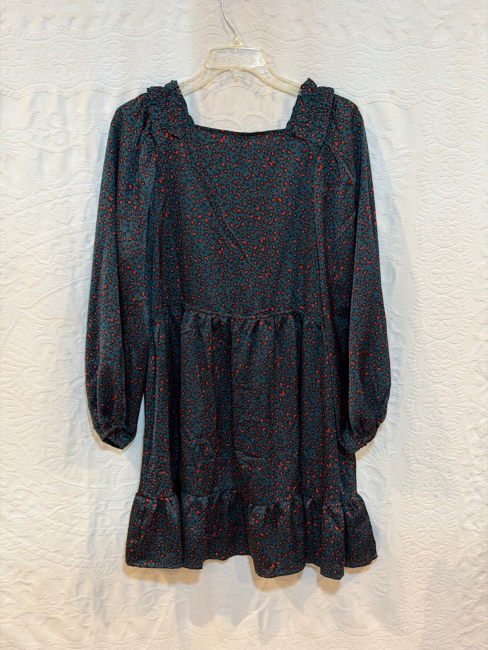 JODIFL Teal Long Sleeve Smocked Mini Dress with Rust Spots - Picture 2 of 3